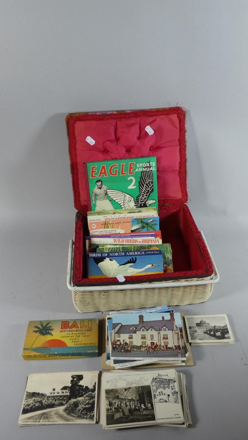 A Vintage Jewellery Box Containing Various Postcards, Teacards Albums and Contents, Eagle Sports