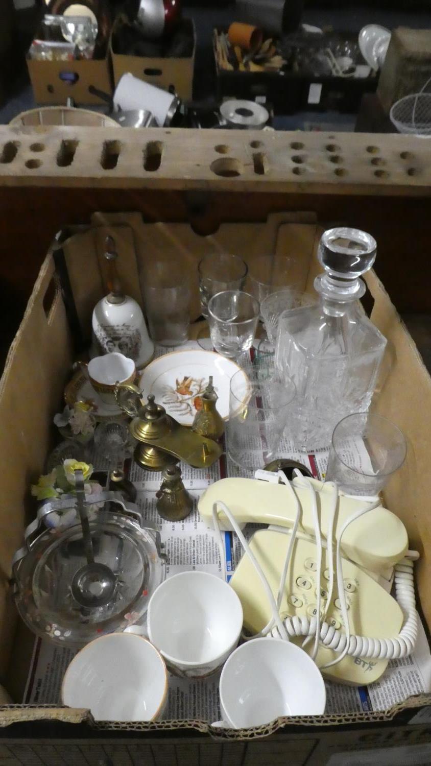 A Box of Sundries to Include Glassware, Ceramics, Brassware, Phone etc