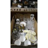 A Box of Sundries to Include Glassware, Ceramics, Brassware, Phone etc