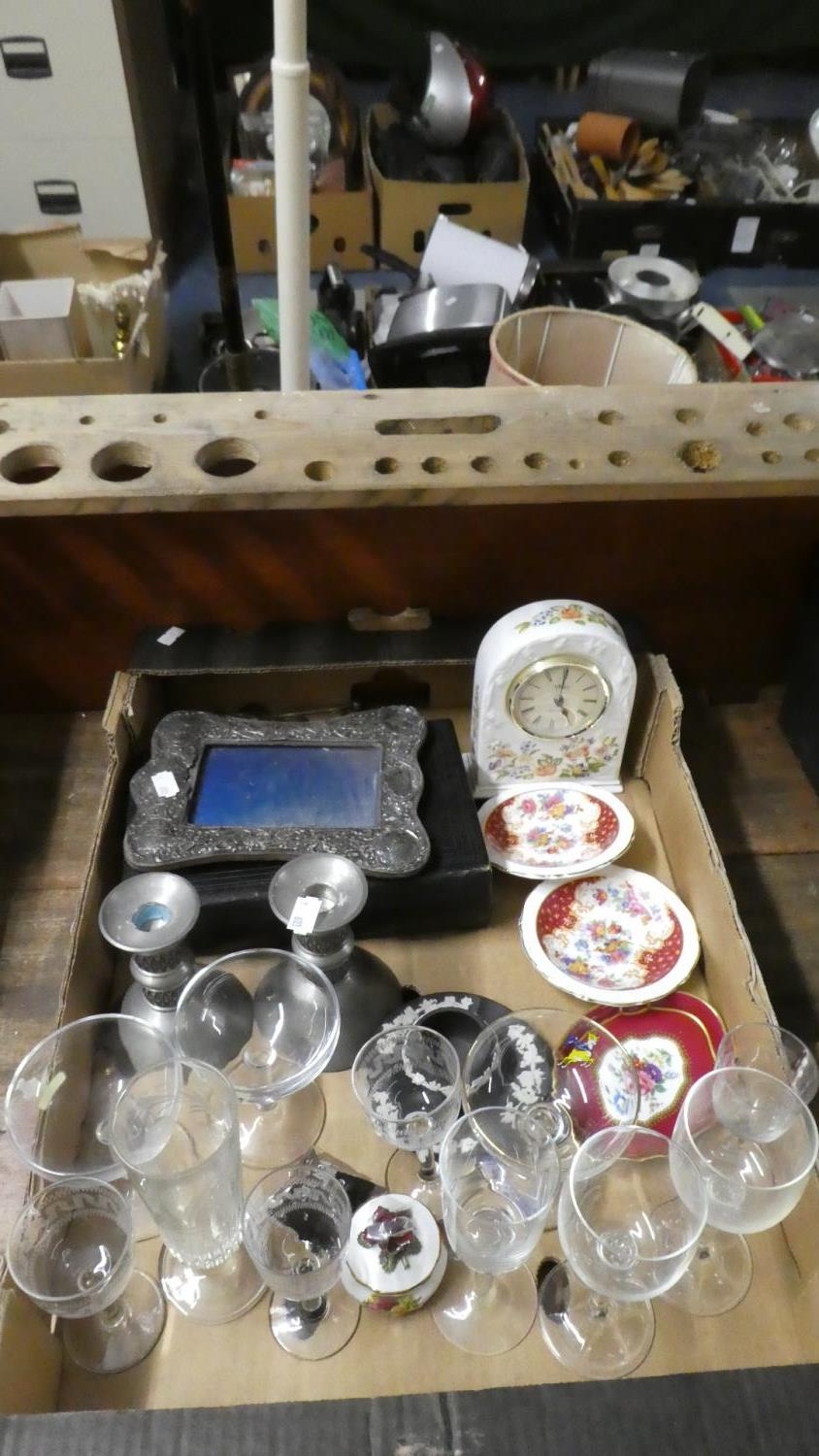 A Box of Sundries to Include Silver Mounted Photo Frame, Glasswares, Black Jasperware, Aynsley