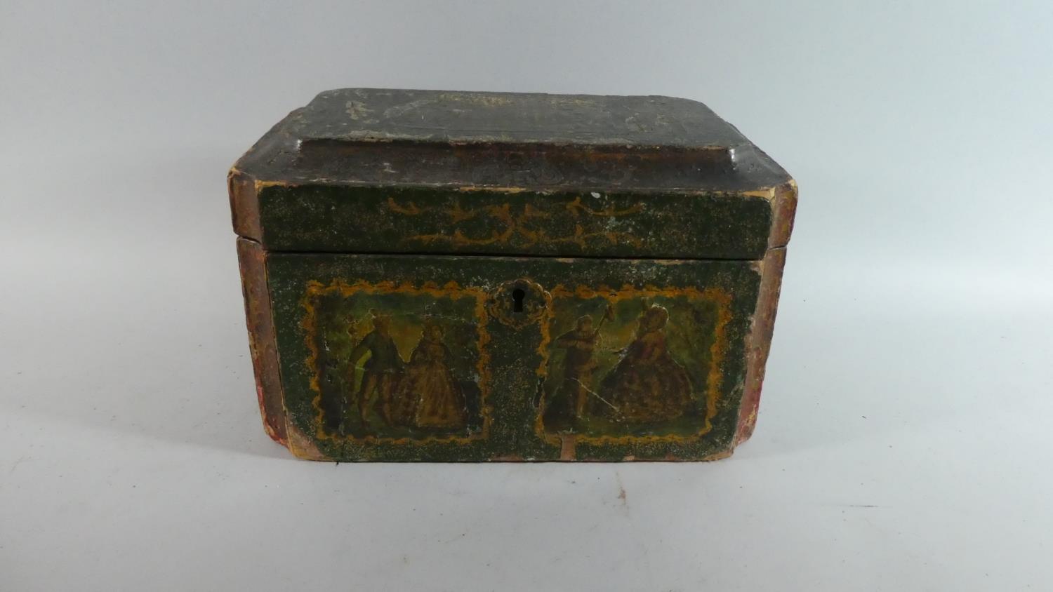 A Late 19th Century Three Division Tea Caddy of Sarcophagus Form with Decoupage Decoration