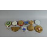 A Collection Nine Vintage Powder Compact, Golfing Brooch and Straw Work Ring Box