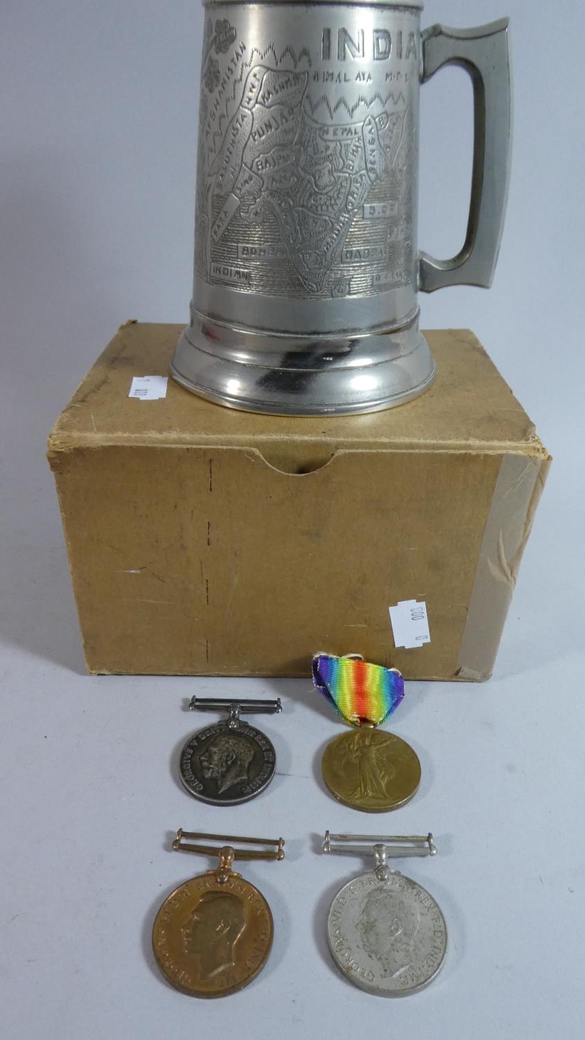 A WWII Indian Campaign Trench Art Pewter Tankard Together with Pair of WWI and WWII Medals Awarded