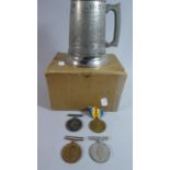 A WWII Indian Campaign Trench Art Pewter Tankard Together with Pair of WWI and WWII Medals Awarded