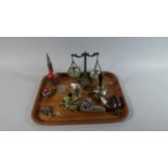 A Tray of Curios to Include Silver Plated Bedchamber Stick, Two Decorated Pipes, Hand Bell,