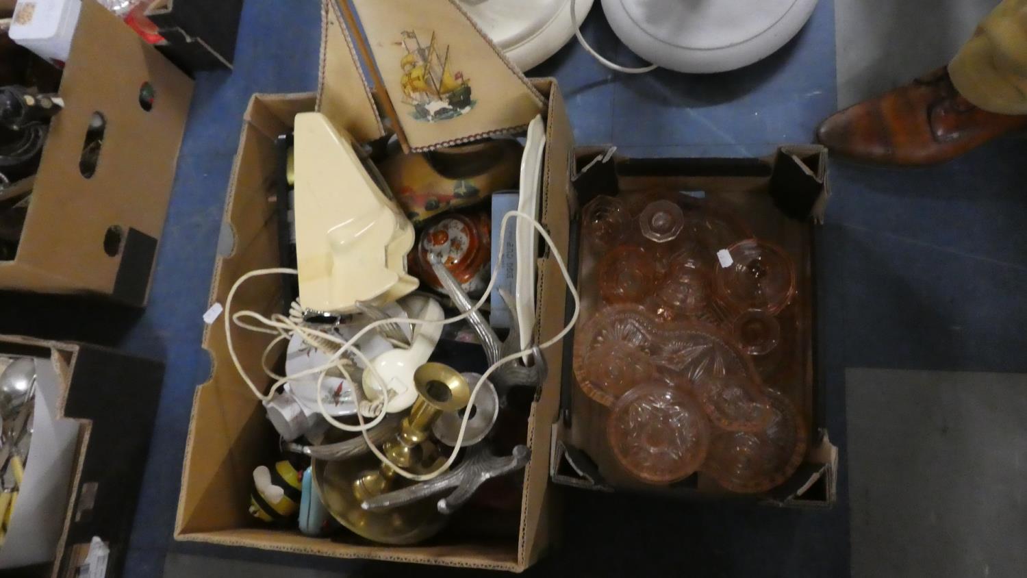 Two Boxes Containing Various Ceramics, Glassware, Vintage Telephone, Japanese Kutani Ware, Brass