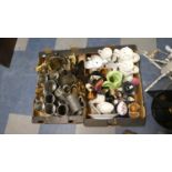 Two Boxes Containing Pewter Tankards, Clock Movements, Ceramics, Ornaments etc
