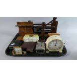 A Tray of Curios to Include Edwardian Oak Pipe Racks, Desktop Alarm Clock, Smiths Stop Watch