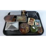 A Tray of Sundries to Include Exide Playing Cards, Oriental Circular Lacquer Box, Hip Flask,