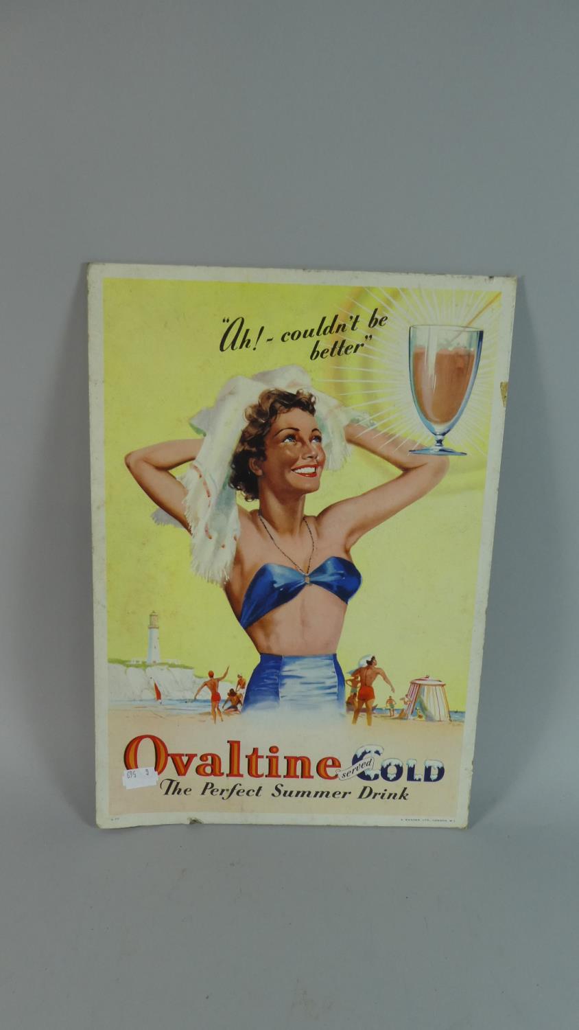 A 1950's Cardboard Advertising Panel for Ovaltine Cold, The Perfect Summer Drink, 38cm High