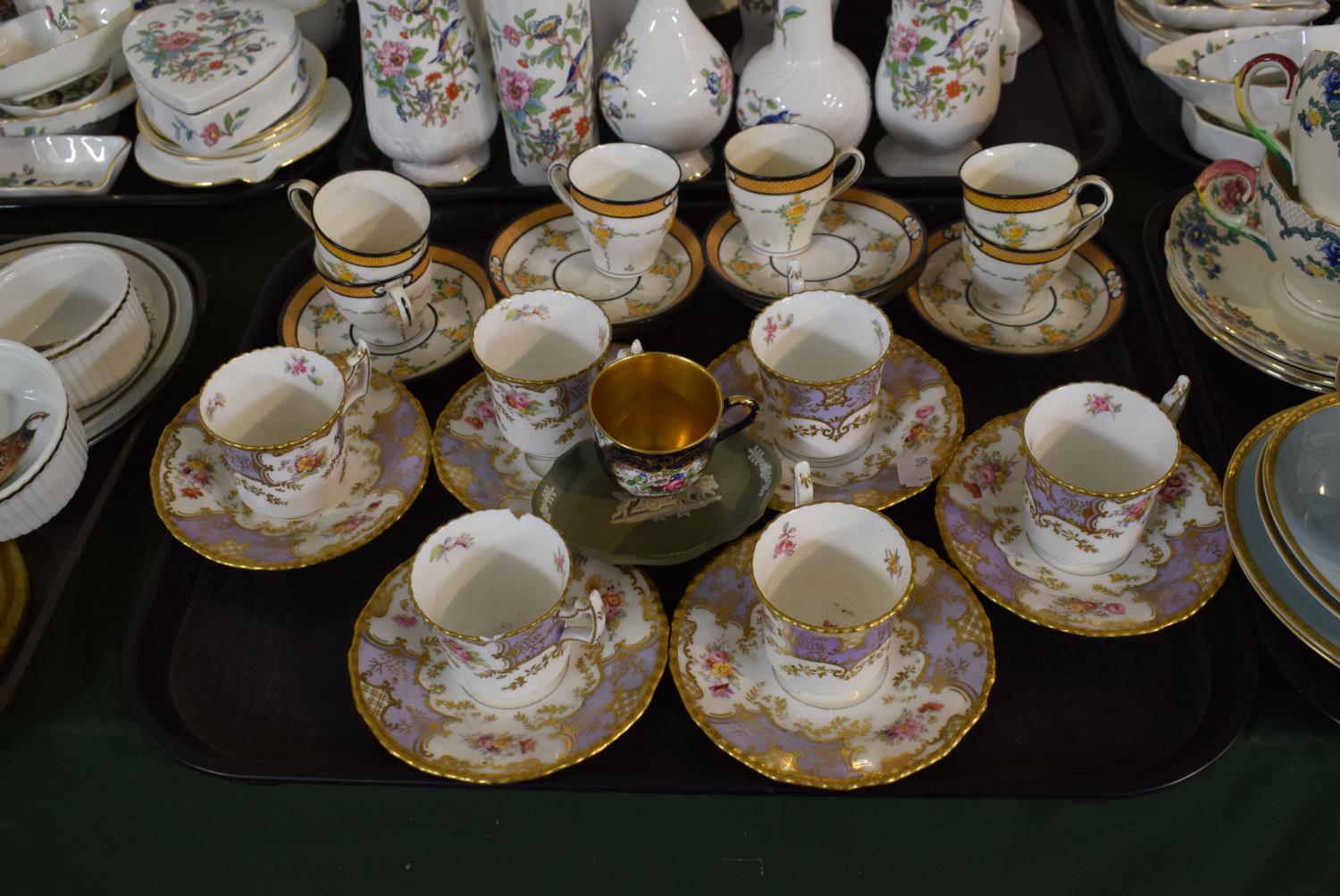 A Tray Containing a Collection of Coalport Mauve Batwing Coffee Cans and Saucers (One Can AF)