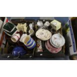 Two Boxes of Kitchen Ceramics, Decorated Plates, Glasswares etc
