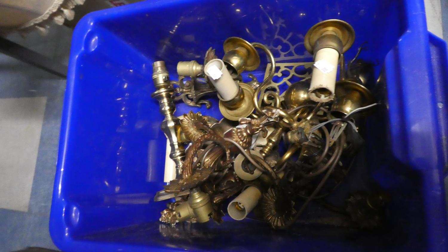 A Box of Various Brass Wall Light Fittings, Table Lamp etc