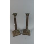 A Pair of Silver Plated Corinthian Column Candle Sticks on Stepped Square Bases, Each 31cm High