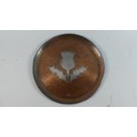 A Victoria House Copper Dish with Inlaid White Metal Thistle Decoration, 18cm Diameter