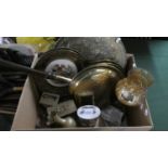 A Box Containing Various Brass Plaques, Brass Bed Warming Pan, Three Carriage Clocks, Brass Vase and