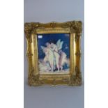 A Reproduction Gilt Framed Porcelain Plaque Depicting Cupid Kissing Psyche, 36cm High