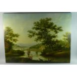 A Mounted But Unframed Oil on Canvas Depicting English School River Scene with Figures Fishing,