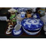 A Tray Containing Various Flow Blue China, Royal Albert Old Country Rose Posy Ornaments, Hornsea