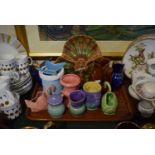 A Tray Containing Various Majolica Jugs and Mugs, Gluggle Jug, Trefoil Dish, Swan Ornaments
