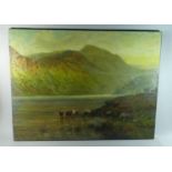 A Mounted But Unframed Large Oil on Canvas Depicting Highland Cattle in Mountain Lake, 101cm x 78cm