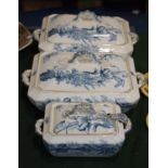 A Collection of Three Blue and White Lidded Tureens