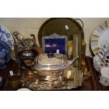 A Tray of Metal Wares to Include Silver Plated Teapot, Art Deco Tray, Brass Jam Thermometer, Bird