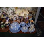 A Tray of Blue and White Jasperware, Pair of Wedgwood Windermere Jugs, Oldcourt Vases Etc