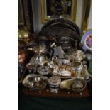 A Large Tray Containing Various Silver Plate Items to Include Tea Service, Hot Water Jug, Hip Flask,