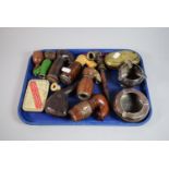 A Tray Containing Various Vintage Smoking Ephemera Including Pipe Bowls, Brass Tobacco Box, Ashtrays