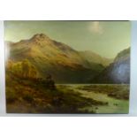 A Mounted But Unframed Oil on Canvas Depicting Highland Scene with Figure and Stag Beside Stream,
