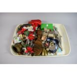 A Tray of Curios to Include Lands End Bell, Dominoes, Square Silver Plated Napkin Rings, Fruit