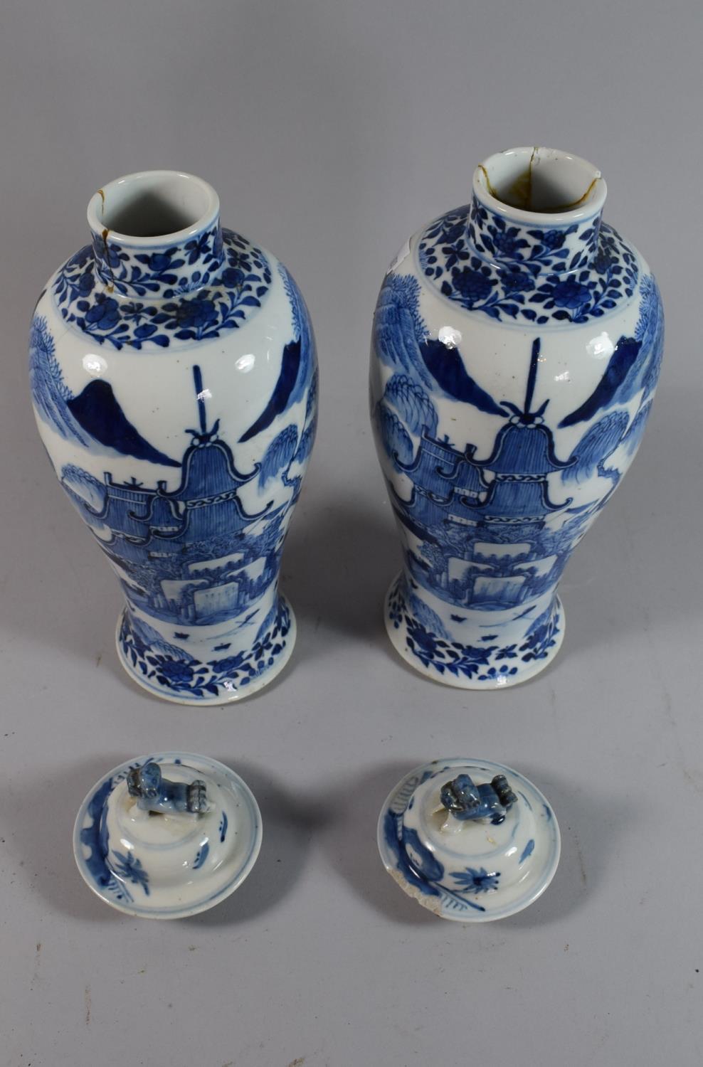 A Pair of Oriental Blue and White Lidded Vases, Neck AF and One Lid AF, 32cm High - Image 2 of 6