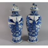 A Pair of Oriental Blue and White Lidded Vases, Neck AF and One Lid AF, 32cm High