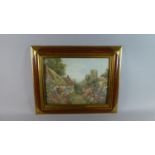 A Gilt Decorated Print of Cottages and Church, Frame 53cm x 44cm