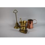 A 19th Century Copper Tankard, Victorian Brass Door Porter, Brass Flat Iron and Repro Brass Pestle