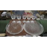 A Tray Containing Five Cut Glass Wines and Two Glass Bowls