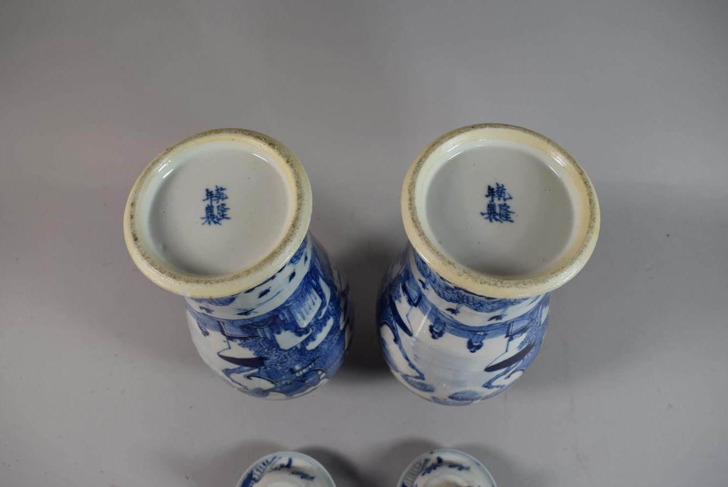 A Pair of Oriental Blue and White Lidded Vases, Neck AF and One Lid AF, 32cm High - Image 6 of 6