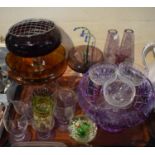A Tray Containing Various Coloured Glass, Etched Hollow Stemmed Champagnes, Paperweight etc