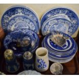 A Tray Containing Various Blue and White Plates and Bowls, Jasperware Sugar Sifters, Willow