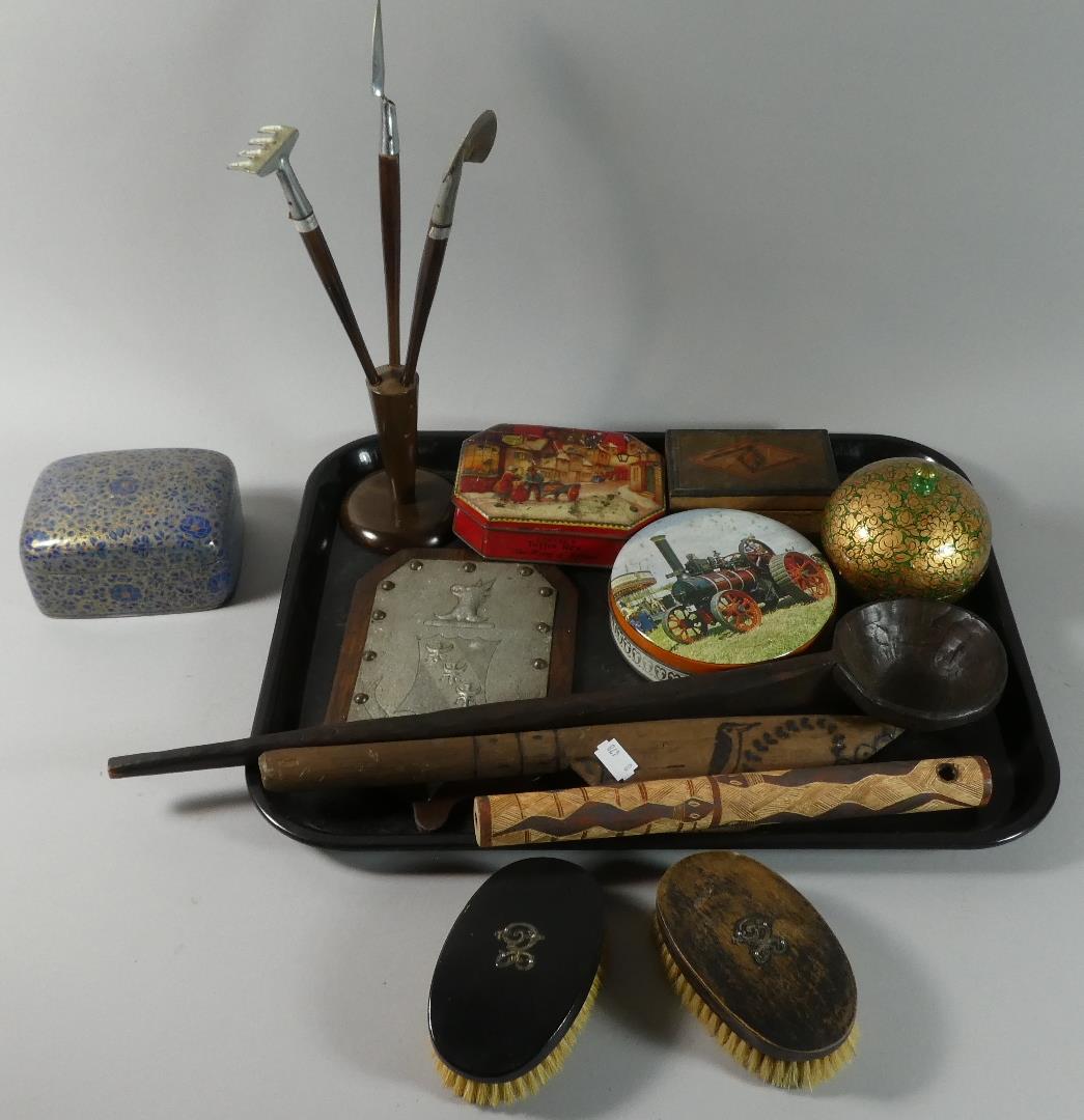 A Tray Containing Vintage Tins, Treenware, Early Carved Wooden Spoon etc