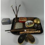 A Tray Containing Vintage Tins, Treenware, Early Carved Wooden Spoon etc