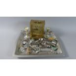 A Tray Containing Modern Brass Carriage Clock, Various Coffee Spoons, Two Wade Whimsies etc