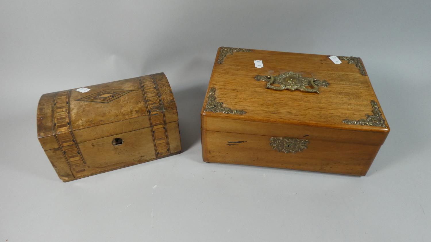 One Dome Topped Banded Work Box and One Continental Ormolu Mounted Work Box