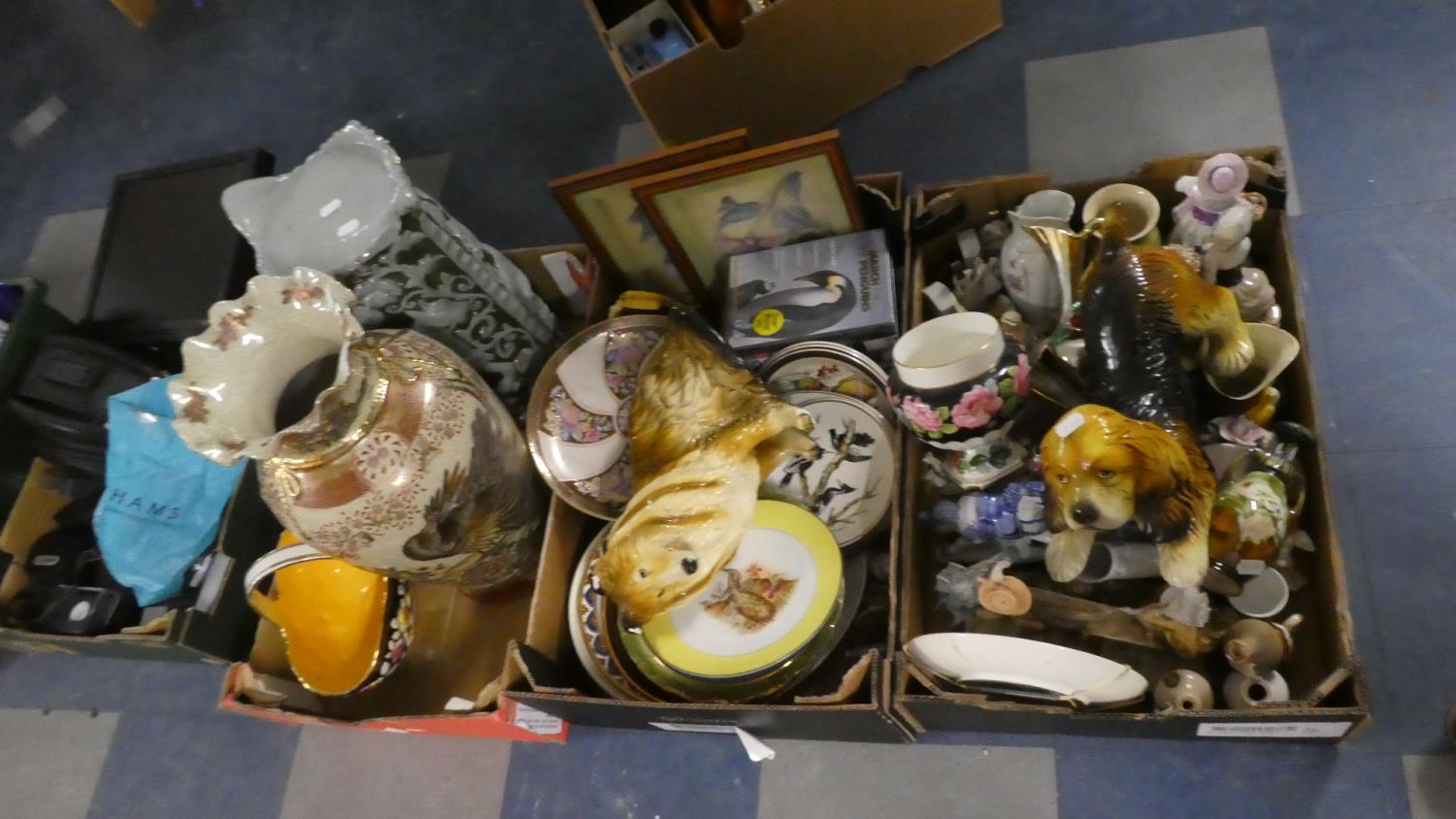 Three Boxes of Figural and Animal Ornaments, Decorated Plates, Vases, Basket and Stand