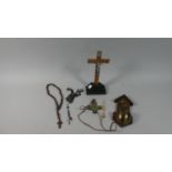 A Collection of Religious Artifacts to Include Wall Hanging Stoup, Crucifix, Prayer Beads, Necklaces