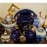 A Tray Containing Various Oriental Vases and Figures, Cobalt Blue Vases etc