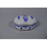 A Chinese Ceramic Blue and White Lidded Box Decorated with Central Monogram with Vase Below and