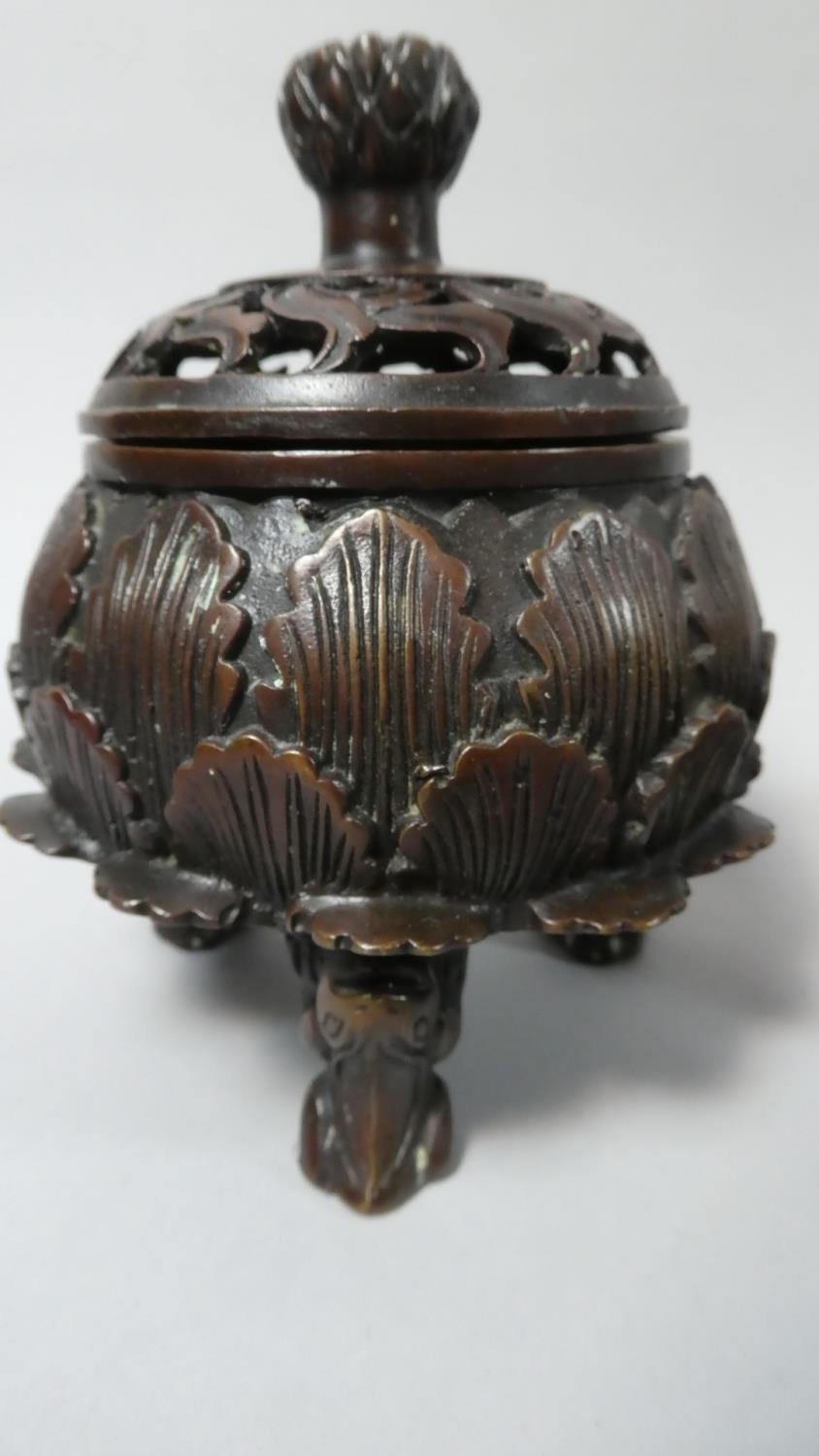 Two Reproduction Chinese Bronze Censers with Pierced Lids, The Tallest 14cm - Image 4 of 6