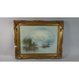 A Framed Oil on Canvas Depicting Anchored Rowing Boat with Seagulls, 39cm Wide